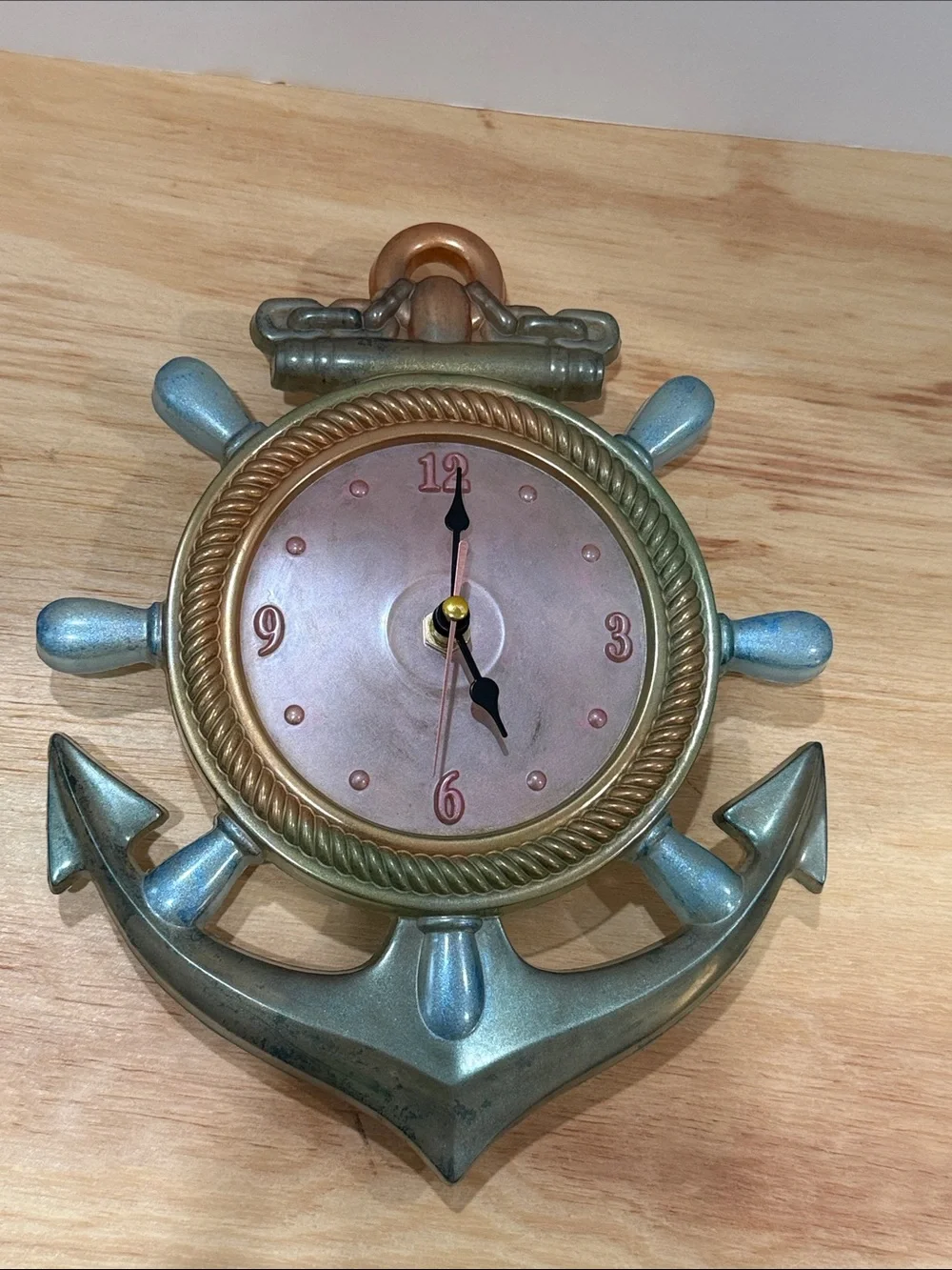 Nautical Anchor Ship Wheel Wall Clock — Bronze and Blue Coastal Accent